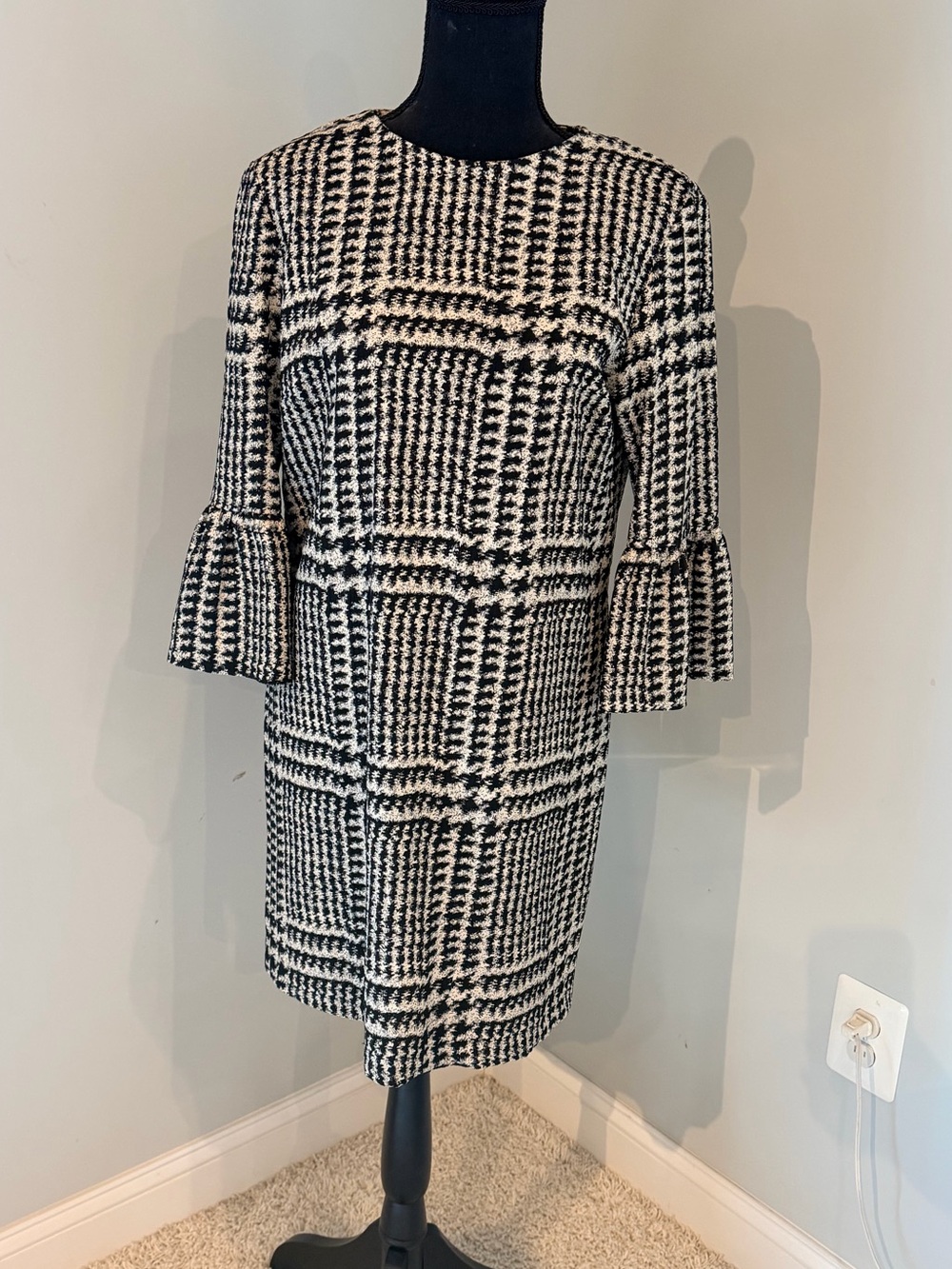 Zara Black and White Houndstooth Midi Dress with Bell Sleeves